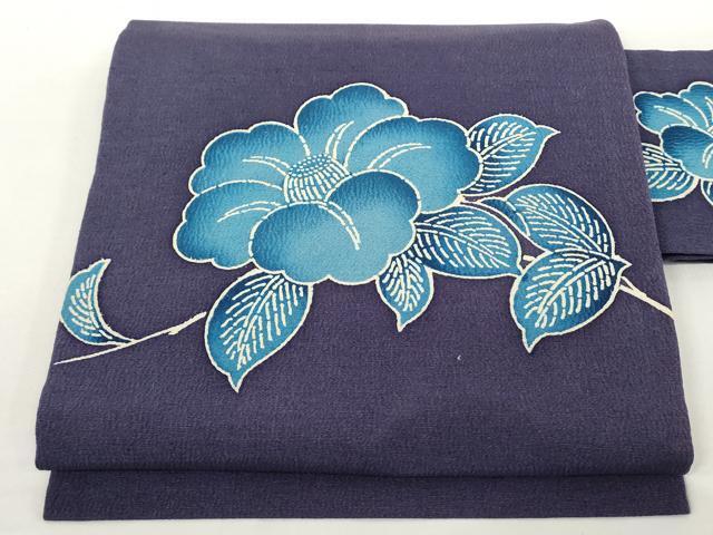 平和屋着物●九寸名古屋帯　型染め　藍　椿　鬼しぼ縮緬　正絹　逸品　AAAO2108az