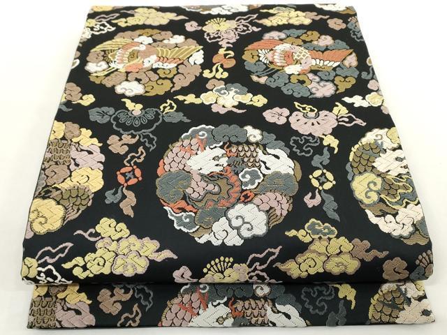 平和屋着物●六通柄袋帯　唐織　龍　鳳凰花文　黒地　金糸　正絹　逸品　AAAN4169az