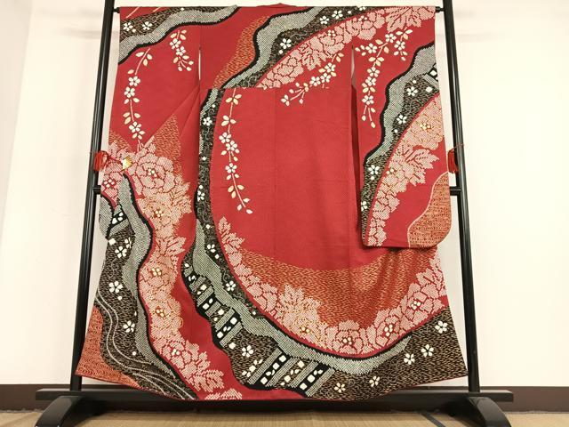 平和屋着物●豪華振袖　絞り　駒刺繍　草花文　鈴乃屋扱い　正絹　逸品　AAAN9352zg