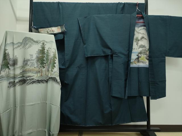 平和屋着物●男性　紬　アンサンブル・長襦袢セット　玉糸紬　反端付き　正絹　逸品　未使用　CAAL6977gh