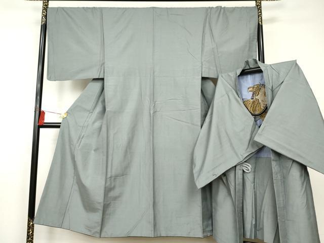 平和屋着物●男性　紬　アンサンブル　色無地　秘色色　羽裏：虎　正絹　逸品　AAAO6635cs