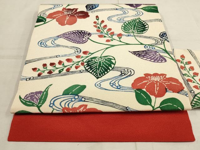 平和屋着物●九寸名古屋帯　流水草花文　型染　正絹　逸品　AAAO4293wj