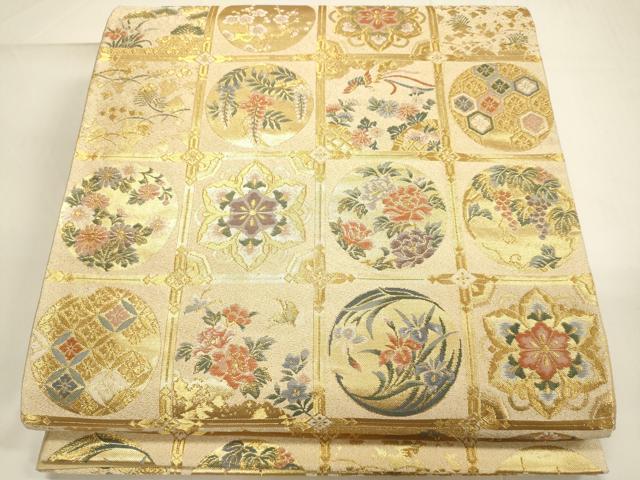 平和屋着物■六通柄袋帯　つづれ　慶長格子草花文　金糸　正絹　逸品　DAAL0284we