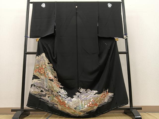 平和屋着物■豪華黒留袖　駒刺繍　浜松花文　金糸　仮絵羽　正絹　逸品　未使用　BAAN3666ev