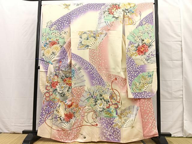 平和屋着物■豪華振袖　扇面牡丹花文　金彩　正絹　逸品　BAAN7309sa