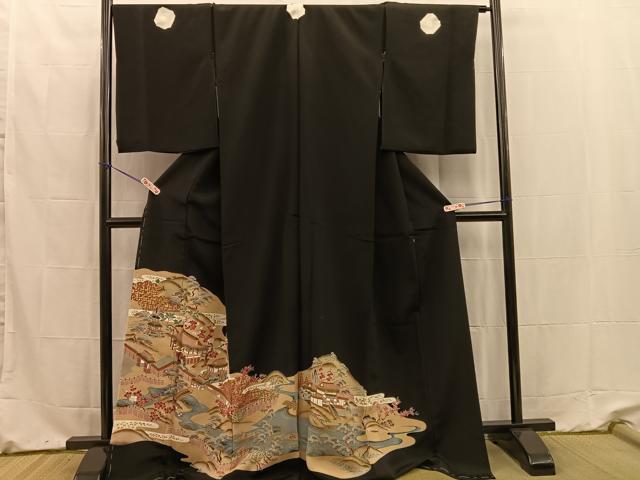 平和屋着物■豪華黒留袖　駒刺繍　松竹梅風景文　金彩　仮絵羽　正絹　逸品　未使用　BAAN4605xi