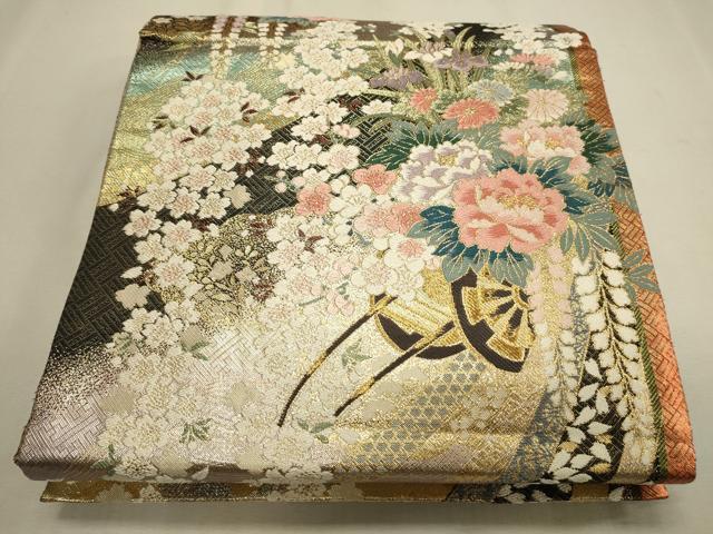 平和屋着物●両面　六通柄袋帯　唐織　花車文　金糸　正絹　逸品　CAAL5073th