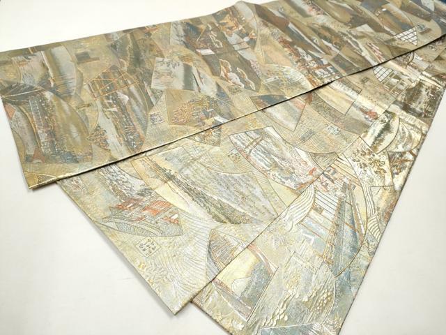 平和屋着物●極上　西陣あさぎ　丸帯　廣重　名所大江戸百景　二十四金プラチナ二重箔　正絹　逸品　CAAL1812hy