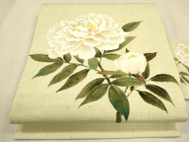 平和屋着物●九寸名古屋帯　手描き　紬地　草花文　正絹　逸品　CAAL5160th