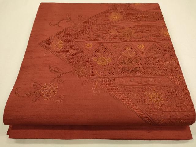 平和屋着物●九寸開き名古屋帯　紬地　総刺繍　スワトウ刺繍　吉祥草花文　正絹　逸品　CAAL5157th