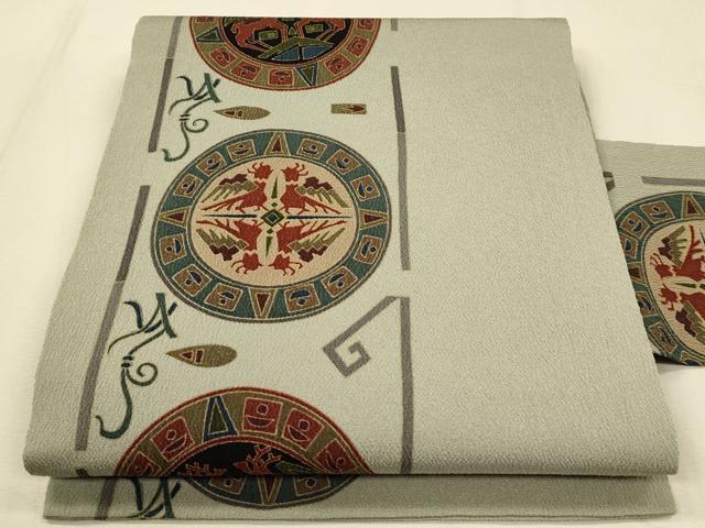 平和屋着物●全通柄　九寸名古屋帯　動物吉祥丸文　鬼しぼ縮緬　正絹　逸品　CAAL5148th