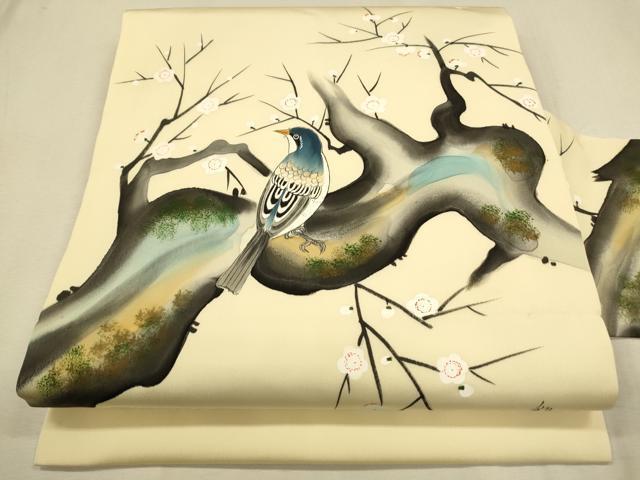 平和屋着物●塩瀬　九寸名古屋帯　作家物　手描き　枝梅鳥文　正絹　逸品　CAAL5145th