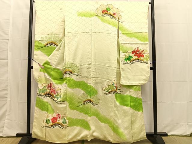 平和屋着物■豪華振袖　手描き　駒刺繍　雲取り松草花文　暈し染め　金彩　正絹　逸品　BAAN6084xi