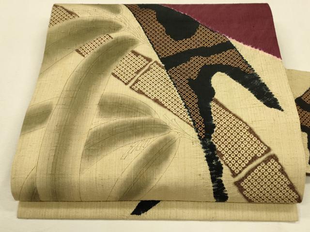 平和屋着物●銀座もとじ　九寸名古屋帯　手描き　紬地　絞り　笹竹文　正絹　逸品　CAAL5142th