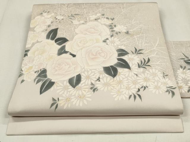 平和屋着物●塩瀬　九寸名古屋帯　草花文　銀彩　正絹　逸品　CAAL5194th