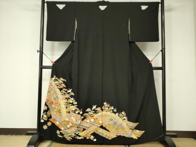 平和屋着物■豪華黒留袖　駒刺繍　飛鶴草花文　金彩　正絹　逸品　未使用　DAAL9030cm