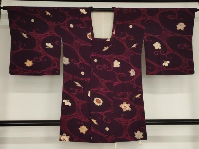 平和屋着物■道行コート　流水草花文　金彩　ロング丈　正絹　逸品　AAAO9662bw