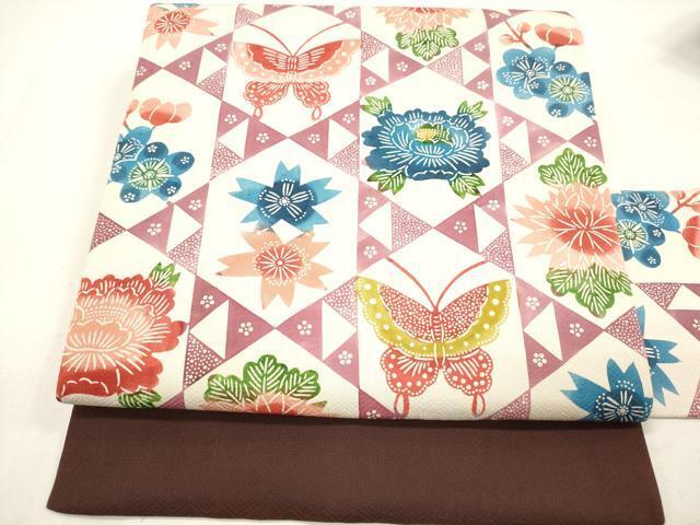 平和屋着物■全通柄九寸名古屋帯　型染　花蝶文　正絹　逸品　DAAL9502op