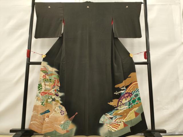 平和屋着物■豪華黒留袖　松竹梅舞扇飛鶴花文　暈し染め　金彩　正絹　逸品　AAAO0573br