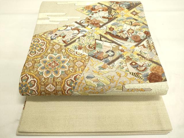 平和屋着物●明綴れ　太鼓柄袋帯　天井宝尽くし花文　金糸　正絹　逸品　DAAL7122du