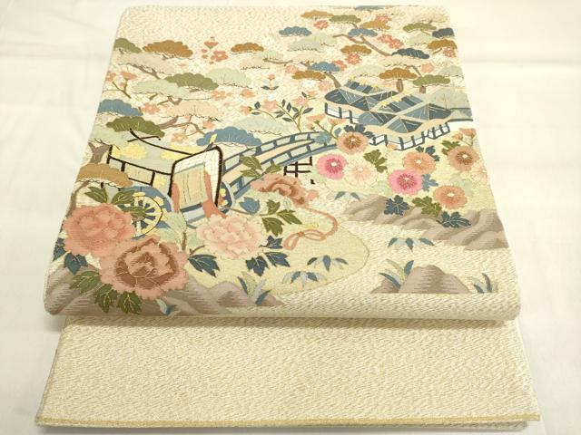 平和屋着物●明綴れ　太鼓柄袋帯　御所車風景花文　金糸　正絹　逸品　DAAL7116du