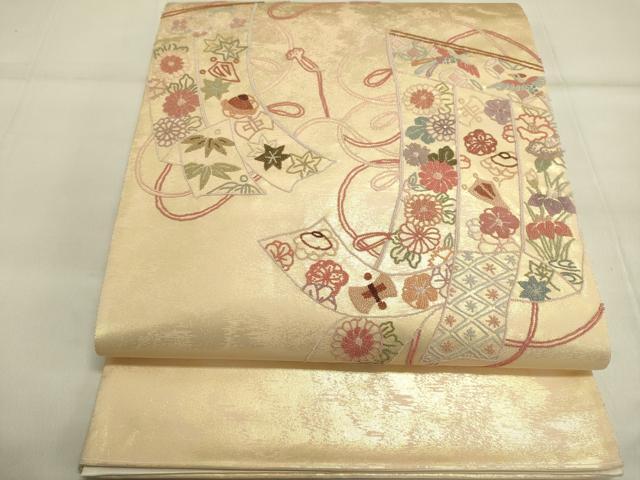 平和屋着物●中国三大刺繍　相良刺繍　総刺繍　太鼓柄袋帯　宝尽くし几帳花鳥文　引箔　正絹　逸品　DAAL7112du