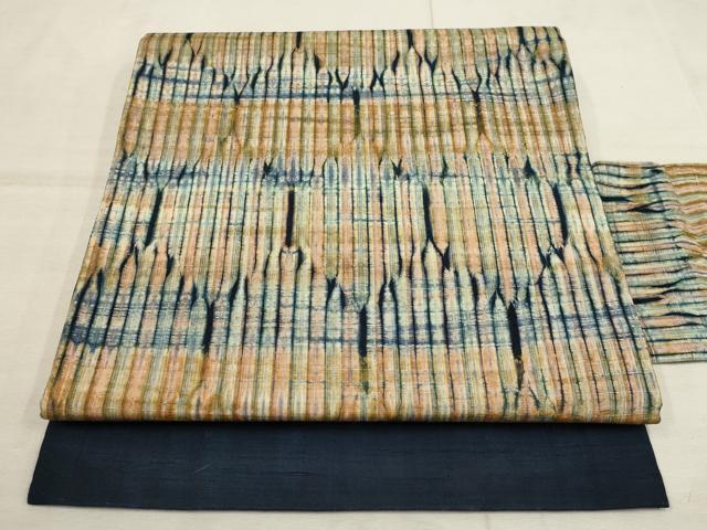 平和屋着物●藍染　縫締め絞り　九寸名古屋帯　亀甲文　正絹　逸品　AAAO3088wj
