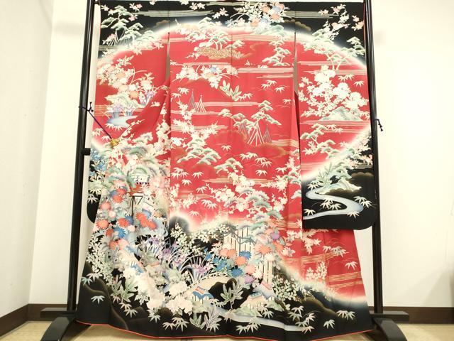 平和屋着物●豪華振袖　刺繍　風景花文　暈し染め　金彩　正絹　逸品　DAAK3984du
