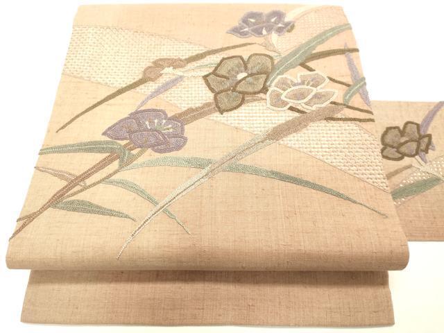 平和屋着物■中国三大刺繍　スワトウ刺繍　汕頭刺繍　相良刺繍　総刺繍　九寸名古屋帯　紬地　草花文　正絹　逸品　DAAL4799tw