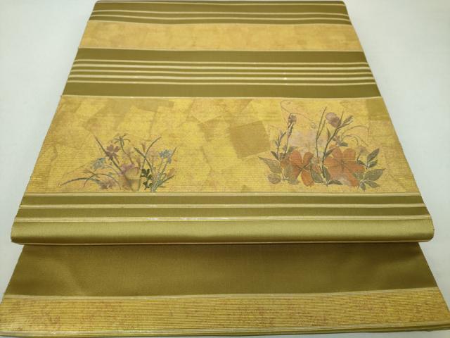 平和屋着物●六通太鼓柄袋帯　螺鈿箔　押し花　横段花文　金糸　鈴乃屋扱い　正絹　逸品　未使用　DAAL5422ps