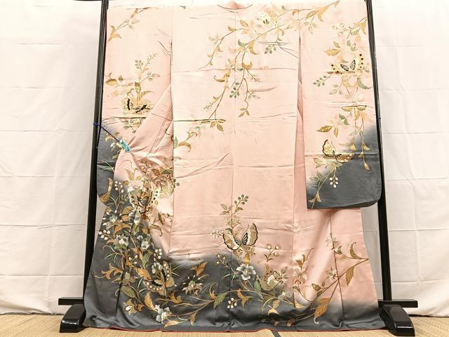 平和屋着物■豪華振袖　更紗花蝶文　暈し染め　金銀彩　正絹　逸品　BAAN4066xa