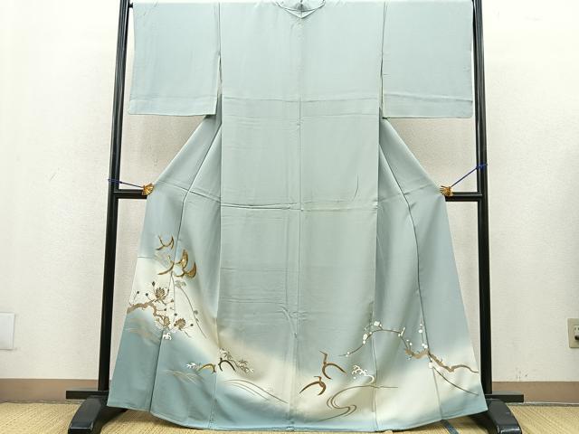 平和屋着物■豪華色留袖　手描き　駒刺繍　立波飛鶴草花文　暈し染め　金銀彩　正絹　逸品　BAAN7555ct