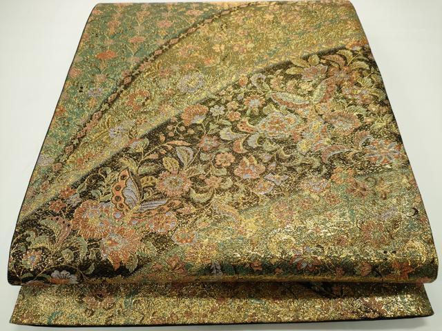 平和屋着物■全通柄袋帯　舞蝶花唐草文　金糸　正絹　逸品　CAAL0223ng