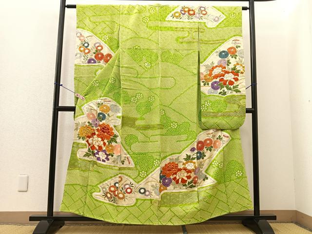 平和屋着物■豪華振袖　絞り　駒刺繍　重ね山花文　金彩　正絹　逸品　BAAN9002wb