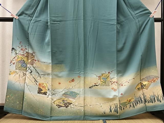 平和屋着物■豪華色留袖　寿光織　箔扇琳派図　暈し染め　金糸　正絹　逸品　BAAN9368wb