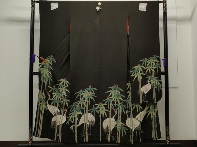 平和屋着物●アンティーク　大正ロマン　振袖　相良刺繍　笹竹鶴文　黒地　金糸　正絹　逸品　CAAL6092ut