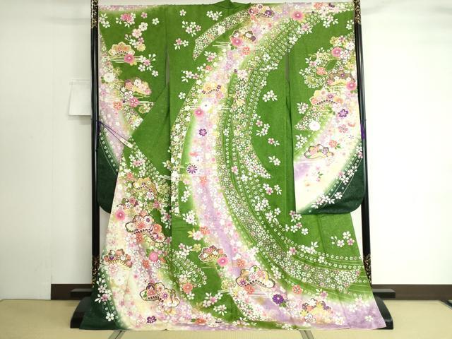 平和屋着物●豪華振袖　吉祥花文　暈し染め　金彩　銀通し地　正絹　逸品　DAAK4728ic