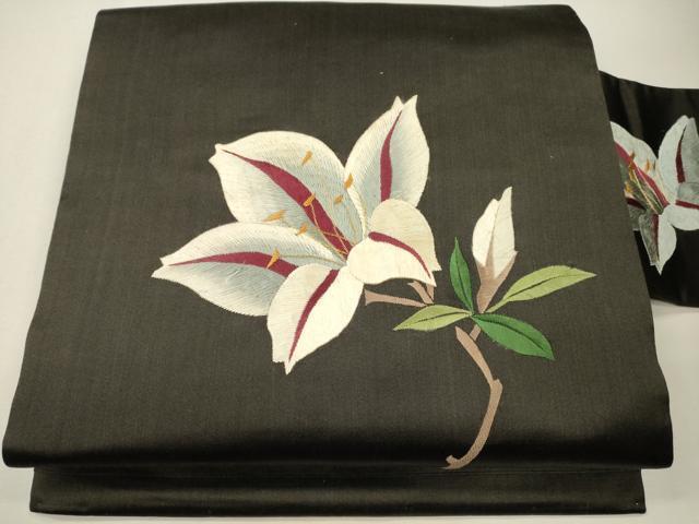 平和屋着物●九寸名古屋帯　総刺繍　百合　金糸　正絹　逸品　CAAJ1249eg