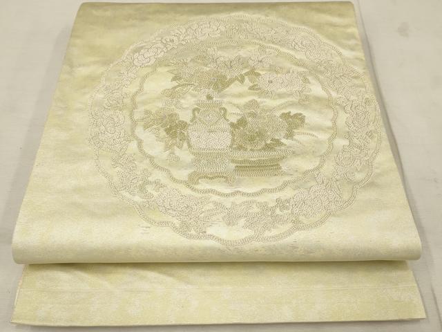 平和屋着物◎中国三大刺繍　相良刺繍　六通太鼓柄袋帯　絵皿花文　銀糸　正絹　逸品　AAAN3442tm
