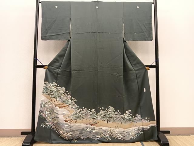 平和屋着物■豪華色留袖　友禅　作家物　駒刺繍　苫舟流水秋草文　正絹　逸品　BAAN0251yt