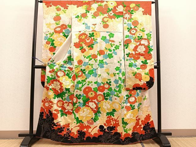 平和屋着物■豪華振袖　駒刺繍　牡丹菊文　金彩　正絹　逸品　BAAN0267yt