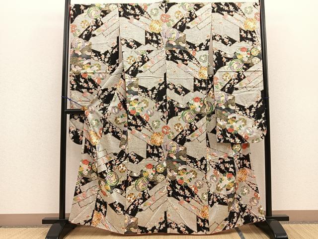 平和屋着物■豪華振袖　春秋花丸文　黒地　金彩　正絹　逸品　BAAN0268yt