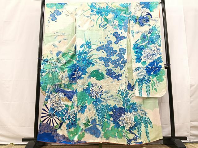 平和屋着物■豪華振袖　駒刺繍　尾長鳥花車文　金彩　正絹　逸品　BAAN0043hv