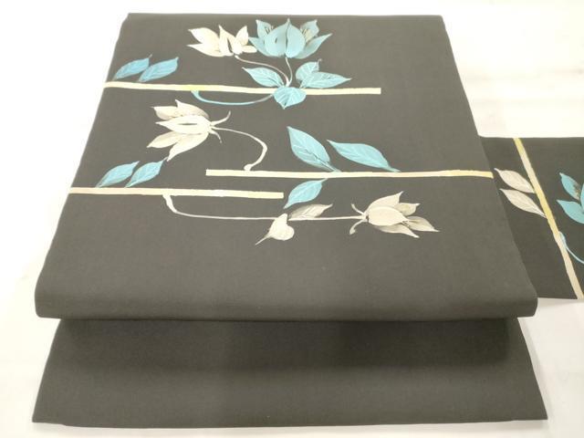 平和屋着物◎塩瀬　九寸名古屋帯　ろうけつ染め　枝花文　黒地　金彩　正絹　逸品　AAAO9094jz