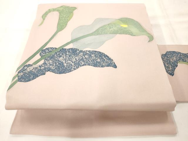 平和屋着物◎塩瀬　九寸名古屋帯　ろうけつ染め　草花文　正絹　逸品　AAAO9096jz