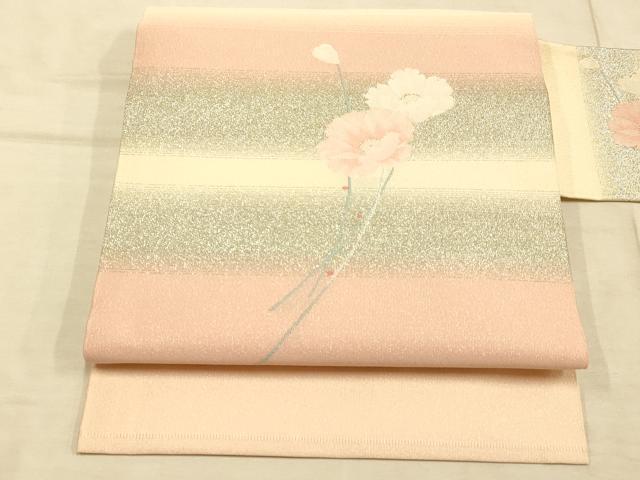 平和屋着物◎綴れ　九寸名古屋帯　枝花文　銀糸　正絹　逸品　AAAO1029fw