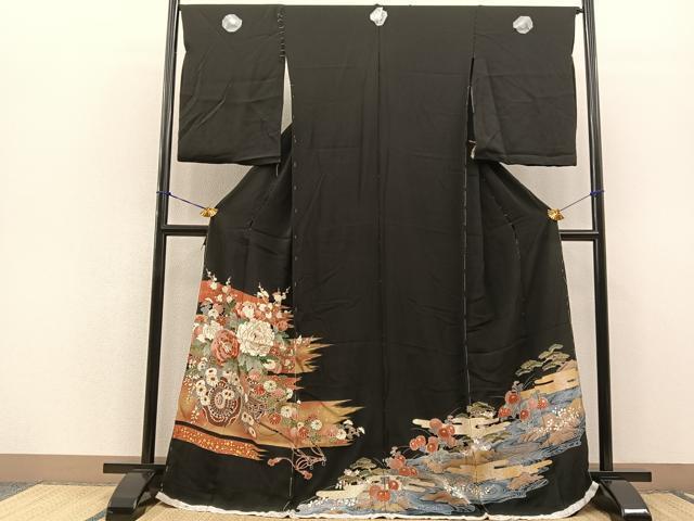 平和屋着物■豪華黒留袖　刺繍　花車文　金彩　仮絵羽　正絹　逸品　未使用　BAAM8396hv