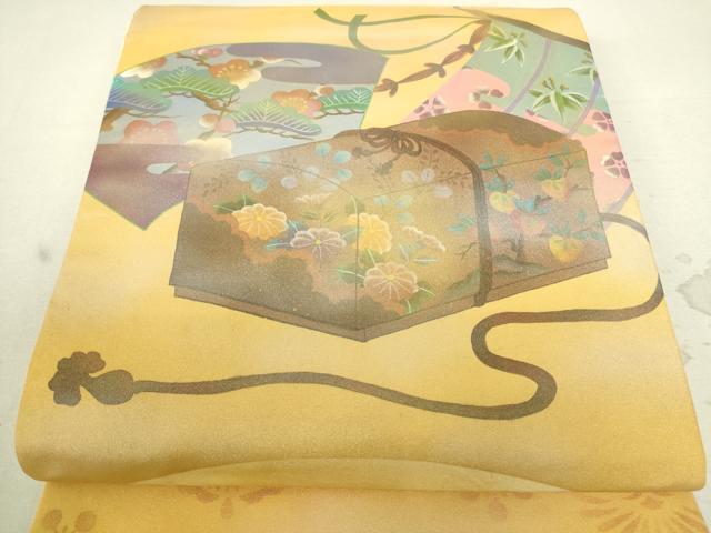 平和屋着物■六通太鼓柄袋帯　黄金　京都美術工芸美宗　文箱花文　鑑定証付き　正絹　逸品　DAAL0683sf