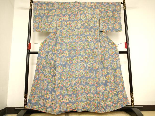 平和屋着物■上質な小紋　型染め　花鳥唐草文　逸品　未使用　BAAI9769pm 平和屋着物□上質な小紋 作家物 型染め 草木染 花唐草文 暈