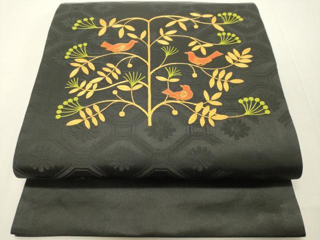 平和屋着物■九寸開き名古屋帯　刺繍　花鳥文　黒地　正絹　逸品　DAAL4779tw